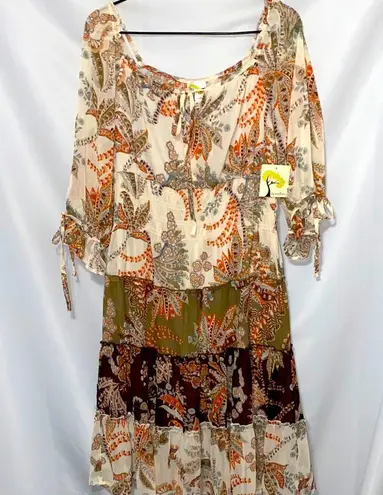 NWT Fig & Flower Floral Earthy Tones Dress size Medium Boho chic RUSCHED waist Orange