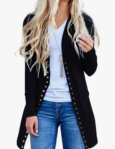 Women's Long Sleeve Ribbed Open Front Snap Button Down Knit Cardigans Black Size L - Image 4