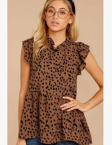 Women’s Casual Leopard Print Cap Sleeve Ruffle Neck Loose Babydoll Shirt Brown Size L
