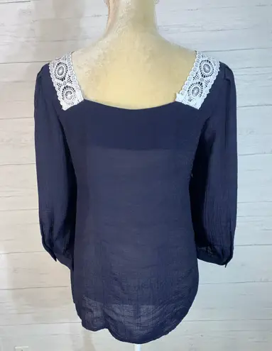 Nanette Lepore Navy Blue White Lace Blouse Top 3/4 Puff Sleeve Square Neck S