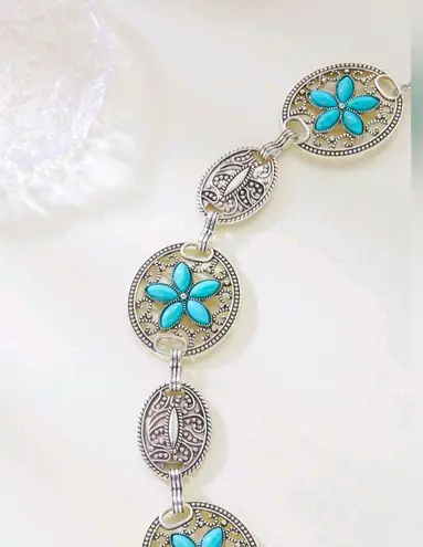 Turquoise Silver Color Vintage Carved Flower Style, Waist Chain Belt