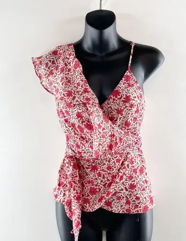MISA Los Angeles MISA Floral Print Plunging Neck Asymmetrical Ruffle Wrap Tie Tank Blouse Red XS