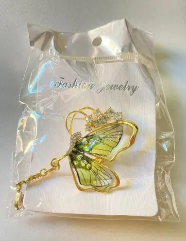 Rhinestone Green Transparent Wings Butterfly Brooch Insect Zircon With Tassel