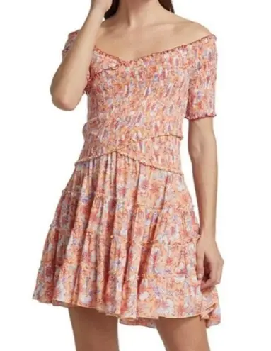 NEW/NWT Poupette St Barth Soledad Floral Print Smocked Mini Dress Size Small Orange