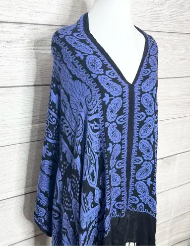 Boho Blue & Black Paisley Fringe Trim Pullover Kimono Festival Poncho Scarf