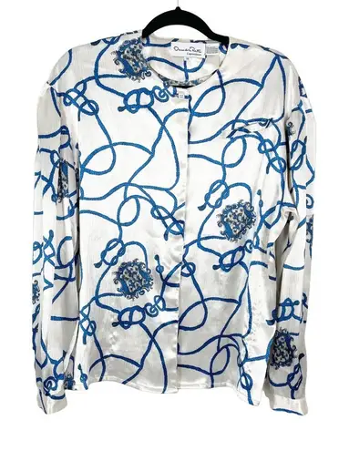 Oscar de la Renta VTG Expressions Woman's Sz 10 White & Blue Rope Satin Blouse