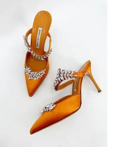 Manolo Blahnik Orange Satin Crystal Embellished 90 Mules 39.5