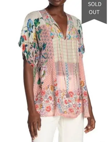 Johnny Was Light Pink White Floral Plaid Multicolor Zadie Satin Tassel Tunic Top