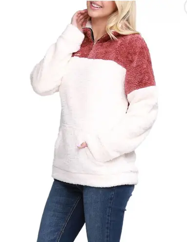 NWT Doublju Women's Soft Teddy Fleece Quarter Zip Pullover with Pocket Size 1X Pink