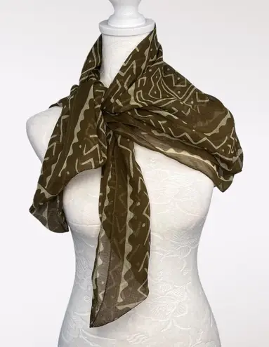Vintage Sheer Square Scarf Khaki Green Batik Print Oversized Shawl Wrap