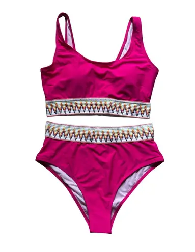 Aimage Women's High Waist Two Piece Bikini Set Aztec Swimsuit Pink L Large NEW
