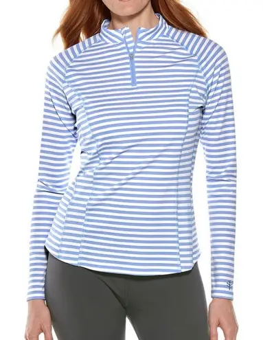Coolibar Quarter Zip Rash Guard with Long Sleeves White And Blue Striped Small