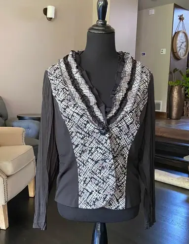 Alberto Makali Black White Tweed Ruffled Blazer Coat Size XL