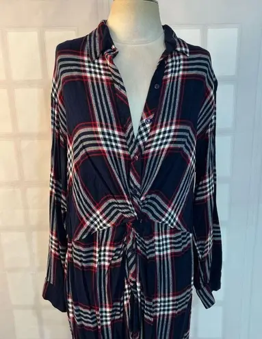 Fashion to figure Blue Red Long Plaid Button Front Twisted Tunic Blouse 1x