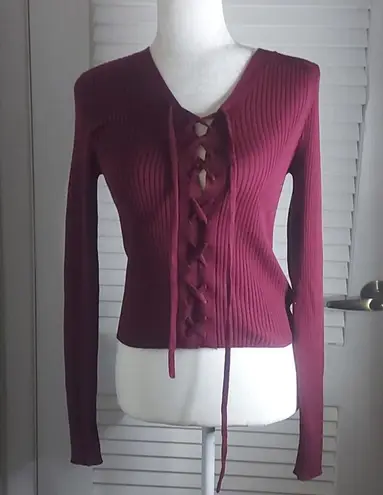 Ambiance Apparel Long Sleeve Lace Up Front Maroon Top L NEW Winter Normcore Purple Size L