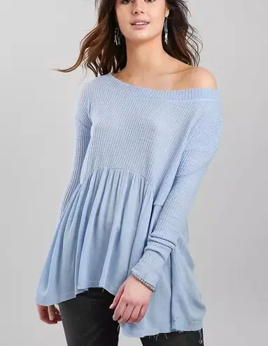 Daytrip Buckle Baby Blue Off The Shoulder Thermal Babydoll Top