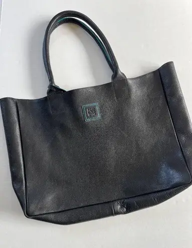 Black Deertan Cowhide Leather Tote Bag Teal Trim Classic Minimalist Purse