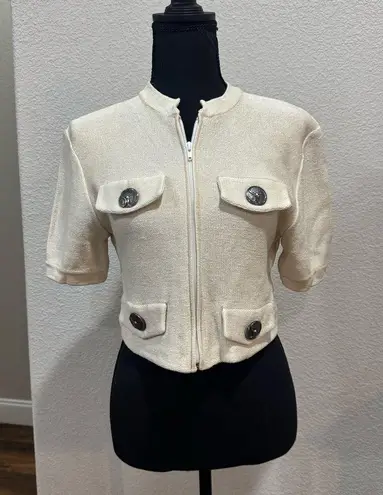 St. John Boutique Cream Textured Bomber Jacket with High Collar