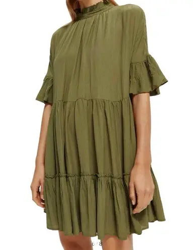 Scotch & Soda Ruffle Tiered Short Sleeve Mini Dress Size Medium US 8 Army Green