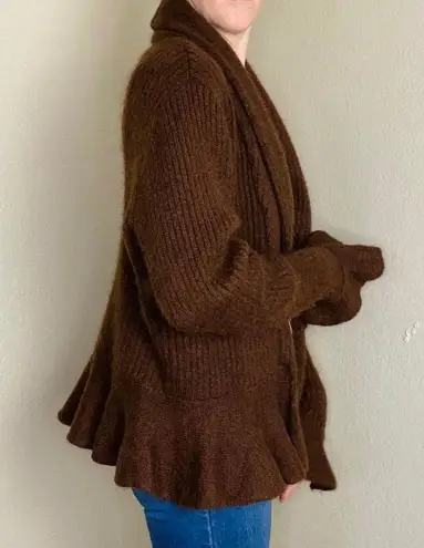 Retro Brown Wool Ruffle Girly Cottage Open Cardigan Size M