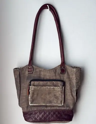 Mona B. Two In One Canvas Tote Shoulder Backpack Bag with Vegan Leather Trim Brown