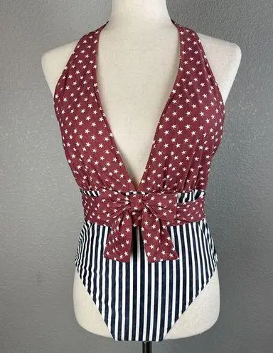 We Wore What Brooklyn Halter Bow Front One Piece Size L Dress Blues Stars Stripe