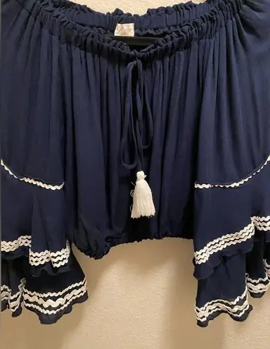 Surf Gypsy Navy Blue Hold My Mimosa Boho Tiered Bell Sleeve Crop Top Size Small