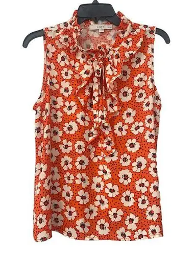 The Loft Floral Orange White Ruffle Neckline Sleeveless Blouse Women's Medium Petite