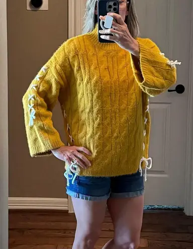 C. Luce Cable Knit Mock Neck Sweater Tie Sides Sleeves Mustard Yellow Size Medium