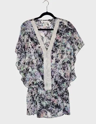 Badgley Mischka Womens Cover Up Black Abstract Sheer Beaded Blouson Swim Medium