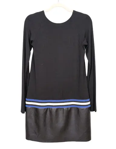 BAILEY 44 Black Jersey Knit Dress Contrast Faux Leather Blue Stripe Womens Small