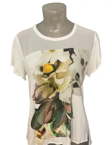 Karen Millen Floral Graphic Tee w Sheer Mesh Yoke Size 12 Top T-shirt M L