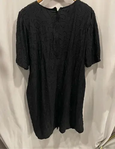 Vintage 80’s stenay black silk short sleeve beaded sequin gold bling leaf dress Size undefined