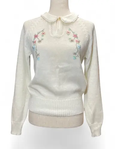 VTG Collections Cream Peter Pan Collar Floral Embroidered Cottagecore Sweater Size L