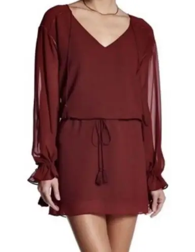 Haute Hippie  XS Burgundy V-Neck Mini Dress With Tassel Boho Accents MSRP $695