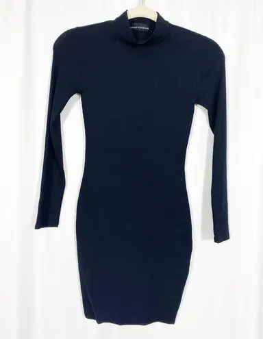 Naked Wardrobe Mock Neck Ribbed Long Sleeve Bodycon Mini Dress: Black