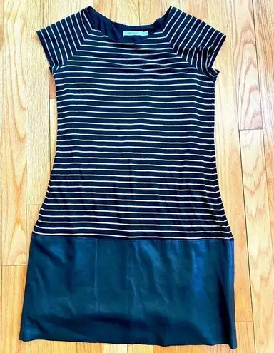 Anthropologie Bailey 44  Black & Tan Striped Dress w/ Faux Leather Bottom - Small