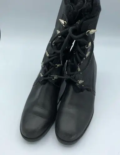 SGN Black Leather Lace Up Fur Trim Combat Boots Womens 37 Goth Witchy Whimsy Size 6