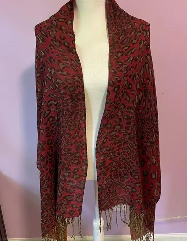 Pashmina Scarf Silk Blend Wrap Red Leopard Animal Print Fringe Shawl