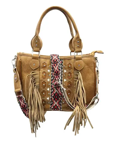 Aztec Tribal Print Fringe Western Handbag Purse with crossbody strap Brown - Image 1