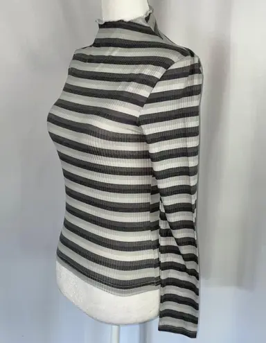 Cali Be New Striped Ribbed Mock Neck Long Sleeve Top Grey Multi