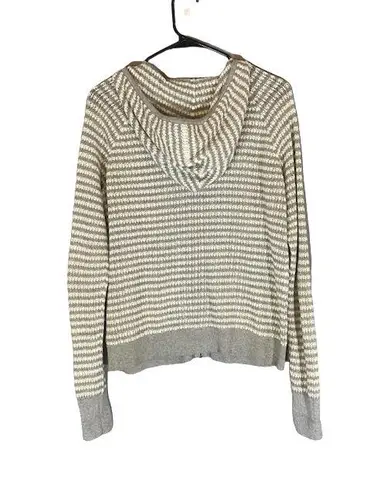 Caslon Gray Striped Hooded Cotton Knit Full Zip Jacket Women Sz L