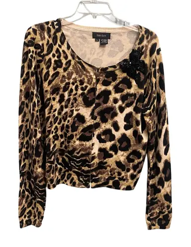 Karen Kane Cheetah Cardigan Sweater Sequin Bow Size Large Lightweight