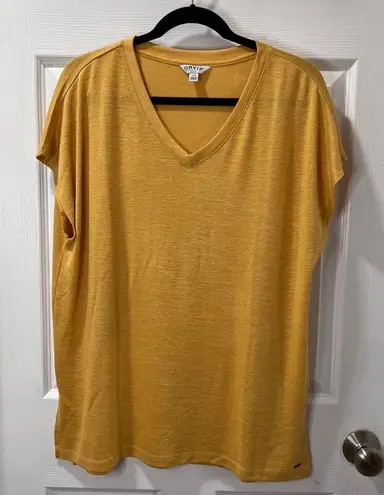 Orvis Mustard Yellow V-Neck Short Sleeve Casual T-Shirt Large Relaxed Fit