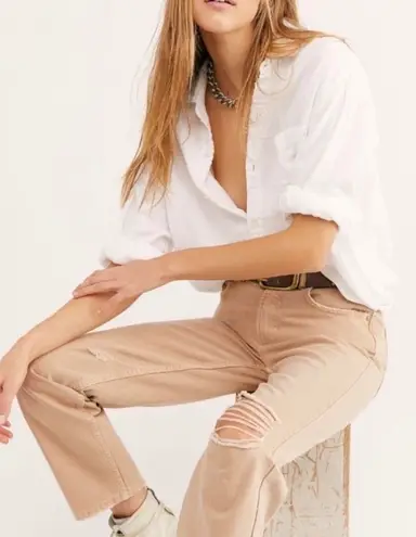 Free People High Rise Distressed Khaki Jeans