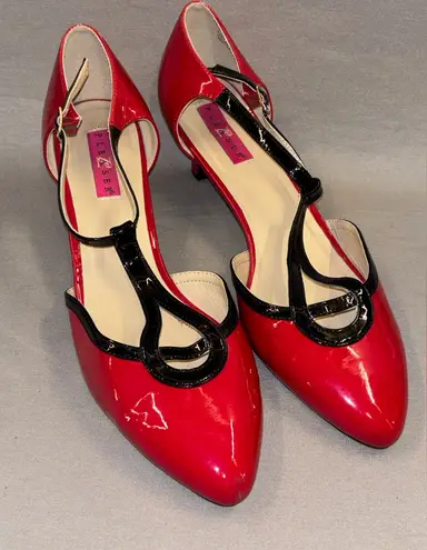 Pleaser Red and Black Patent Heels size 11 retro funky unique 50s kitten heel - Image 1