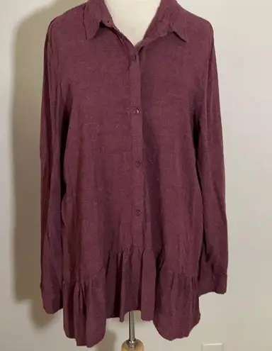 Westbound Point Collar Peplum Tunic Button Down Purple Red Long Sleeve Large Red