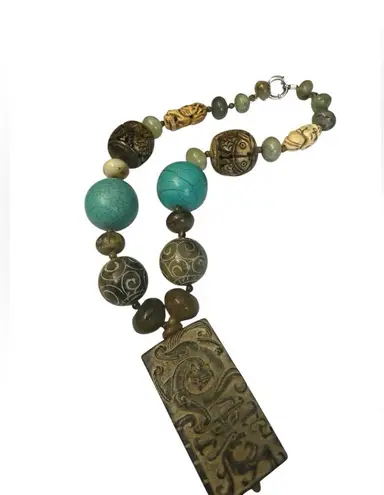 None Handcrafted Turquoise and Brown Beaded Necklace beautiful hand carved beads