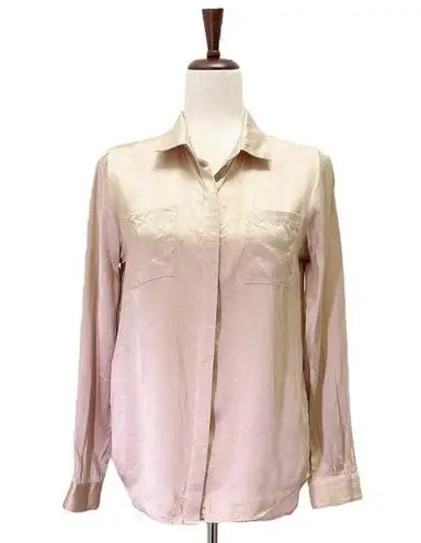 Garnet Hill 100% Silk Blouse Button Front Long Sleeve in Champagne Taupe Size 4