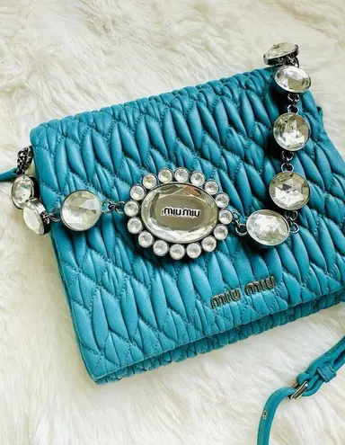 Miu Miu  Nappa Leather Matelassé Crystal Crossbody Bag Handbag Turquoise Auth